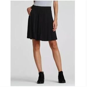 Eileen Fisher Pleated Pull On Skirt L Black Stretch Jersey Knit Capsule Travel